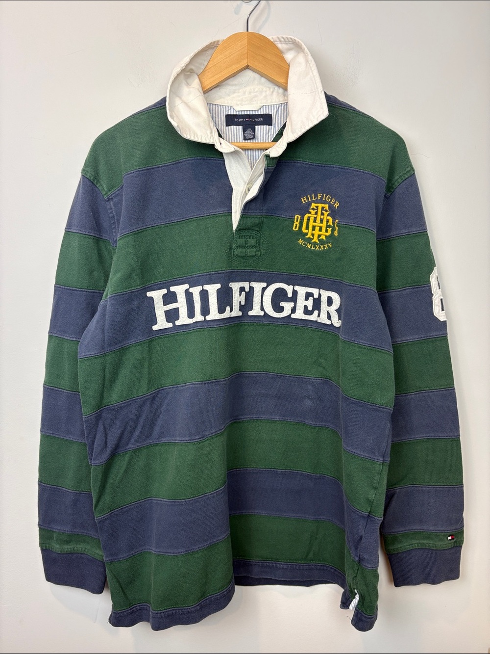 2011 Tommy Hilfiger Green & Navy Striped Crewneck Rugby Sweater